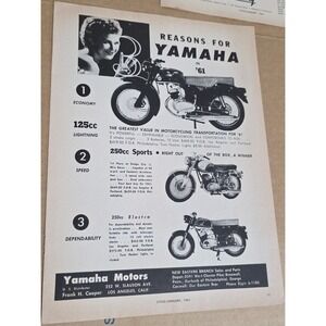 1961 Yamaha Motorcycle Advertisement 125cc Electra Sports Mustang Big Features